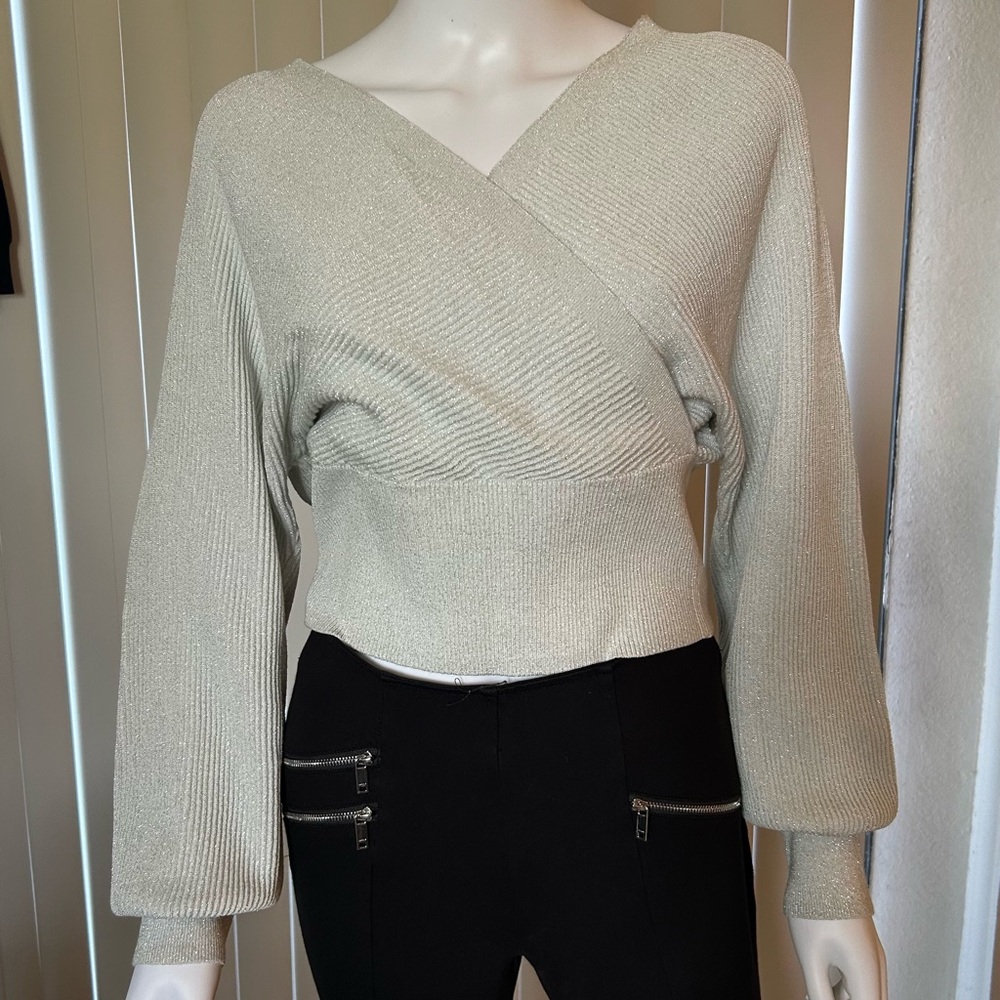 INC International Concepts Long-Sleeve Surplice Ribbed Silver Sweater Size M